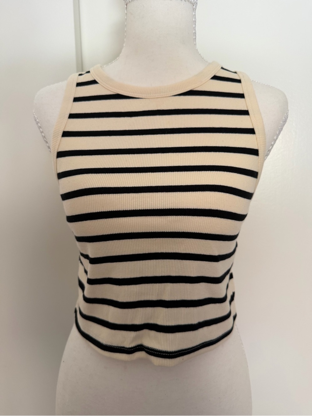 H&M Striped Ribbed Cropped Tank Top - Cream & Black